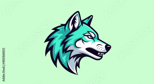 Intense wolf head illustration with teal fur and sharp teeth.