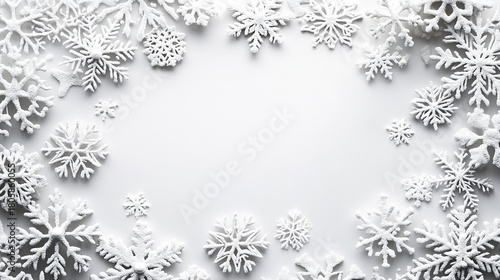 White snowflake frame on white background with delicate icy texture and soft shadows, creating festive and wintery atmosphere perfect for seasonal design and holiday themes