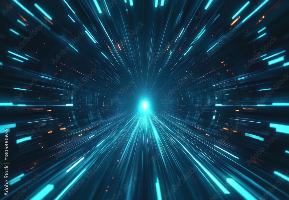 Obraz premium Futuristic glowing tunnel of cyan and blue light streaks with orange sparks converging to a bright core, dynamic motion blur conveying high-speed energy and awe