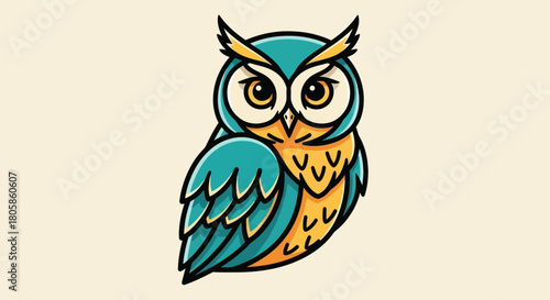 Stylized Owl Illustration with Teal and Yellow Plumage.