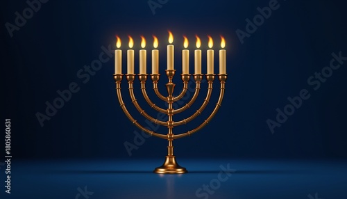 Jewish holiday Hanukkah concept. Menorah with burning candles on dark blue background with copy space.