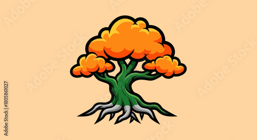 Vibrant cartoon tree with lush orange foliage and strong green trunk.