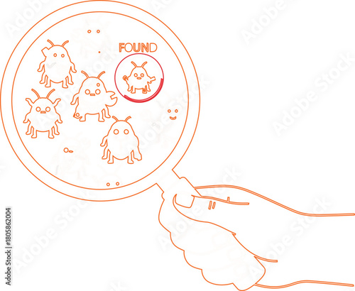 Illustration of hand holding magnifying glass searching for monster isolated on white background