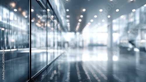 Modern blurred office space of a business building center. Glass wall with empty space. Blurred abstract light background for presentation and design. High quality