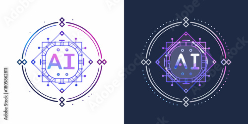 Abstract geometric ai logo with gradient colors on white and dark backgrounds