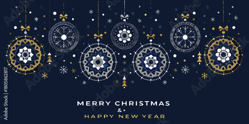 Elegant merry christmas and happy new year greeting card with hanging ornaments and snowflakes