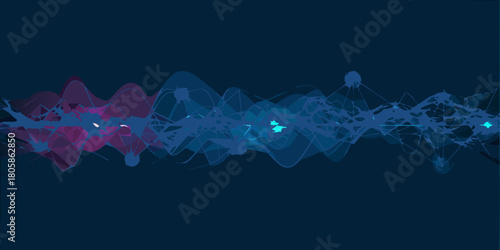 Abstract digital wave patterns with interconnected nodes and glowing elements on a dark blue background