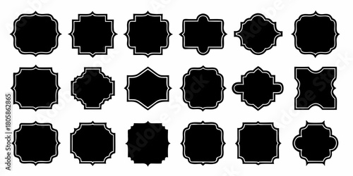 Collection of diverse black ornate decorative frames and labels with white outlines on a white background