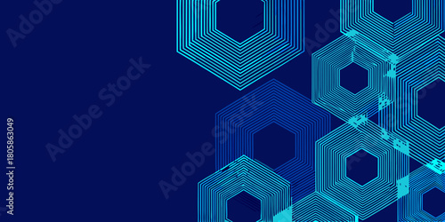 Abstract geometric background with repeating blue and cyan hexagonal shapes on a dark blue backdrop