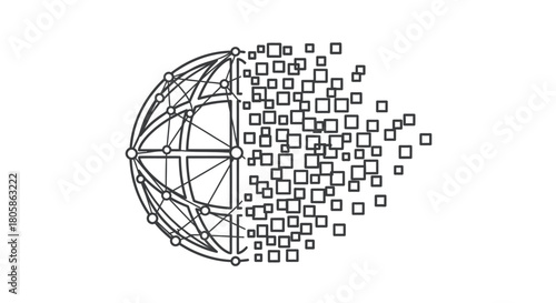 Photos A digital globe or network sphere fragmenting into numerous small squares, symbolizing data, technology, or digital transformation