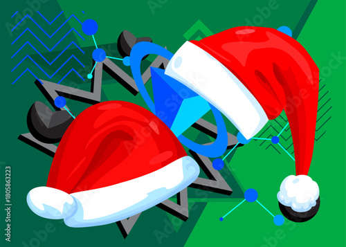 Santa Claus Hat geometrical graphic retro theme background. Minimal geometric elements. Vintage abstract shapes vector illustration.