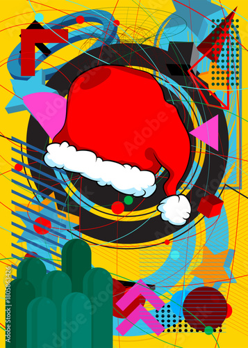 Santa Claus Hat geometrical graphic retro theme background. Minimal geometric elements. Vintage abstract shapes vector illustration.