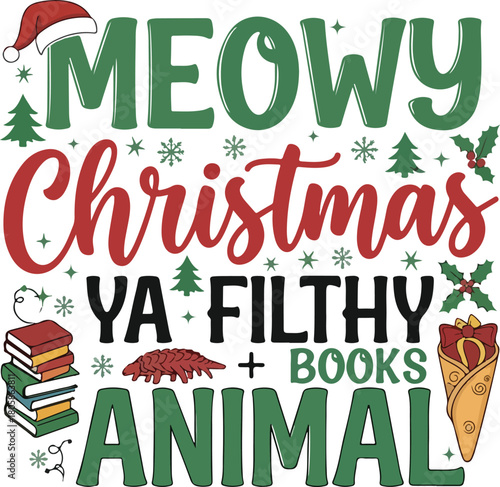 Meowy christmas ya filthy animal with books and festive decorations, Generative Ai