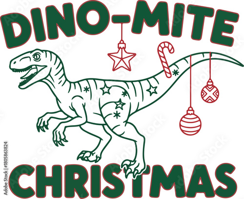 Dino mite christmas festive dinosaur illustration with holiday ornaments and candy cane tail, Generative Ai