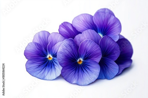 cluster of vibrant purple and blue pansy flowers with delicate veined petals and yellow centers on white background evoking serenity and gentle elegance