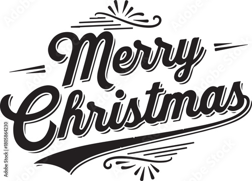 Elegant black and white merry christmas typographic design with vintage flourishes, Generative Ai