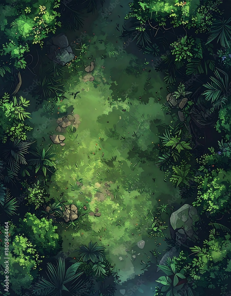 Obraz premium Aerial view of a lush forest clearing, with varied green vegetation and scattered rocks along a winding path