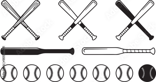 Various baseball bats are crossed and placed over baseballs with a transparent background