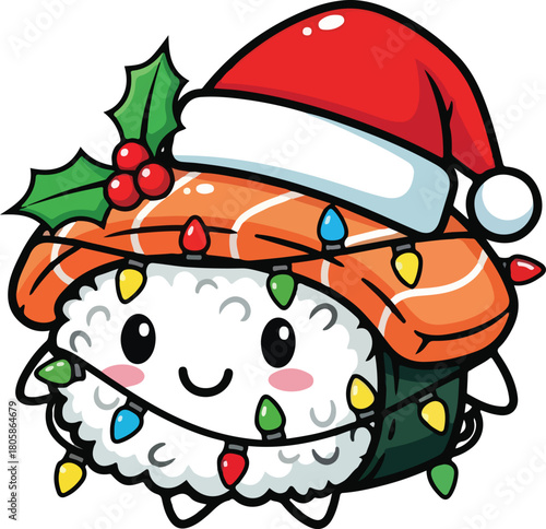 Adorable christmas sushi character wearing santa hat and festive lights for holiday cheer, Generative Ai