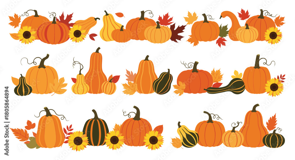 Obraz premium Autumn harvest decorations featuring an array of colorful pumpkins, gourds, sunflowers, and fall leaves in a cheerful, flat design style.