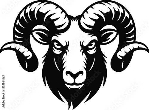 Stylized black and white illustration of an aggressive ram head with imposing large curved horns, a powerful mascot logo design.