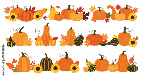 Autumn harvest decorations featuring an array of colorful pumpkins, gourds, sunflowers, and fall leaves in a cheerful, flat design style.