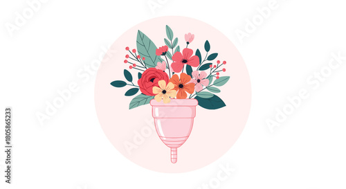 Vibrant bouquet of diverse flowers and berries gracefully emerging from a reusable pink menstrual cup on a gentle pink circle.