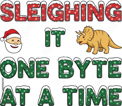 Funny dinosaur and santa claus christmas sleighing it one byte at a time t shirt design, Generative Ai