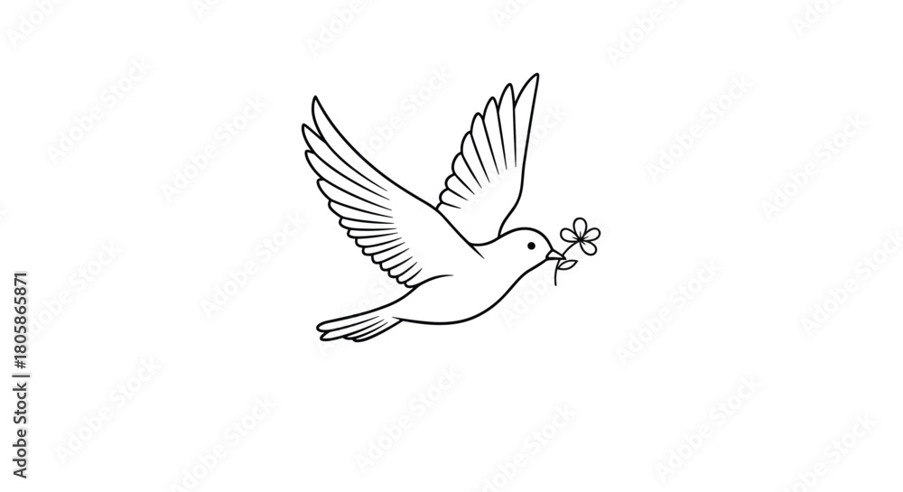 Fototapeta premium A beautiful line art drawing of a flying dove carrying a delicate flower in its beak, symbolizing peace, hope, and freedom.