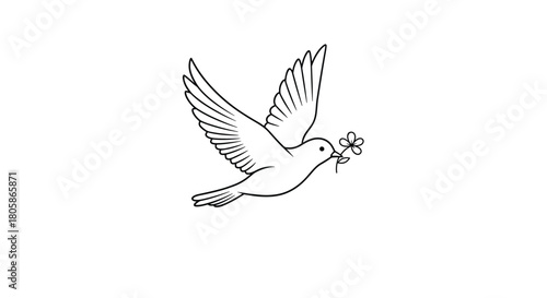 A beautiful line art drawing of a flying dove carrying a delicate flower in its beak, symbolizing peace, hope, and freedom.