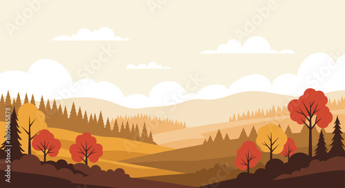 Vibrant autumn landscape illustration featuring diverse trees in rich fall colors and serene rolling hills under a soft cloudy sky.