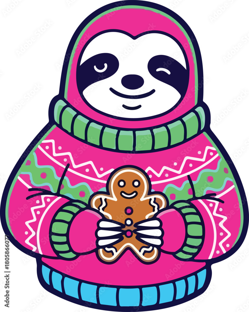 Fototapeta premium Adorable sloth wearing a festive ugly christmas sweater holding a gingerbread cookie, Generative Ai