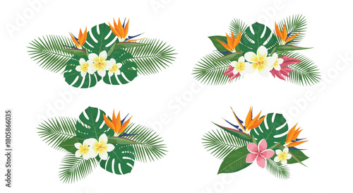 A collection of vibrant tropical floral arrangements featuring exotic birds of paradise, plumeria, monstera, and palm leaves.