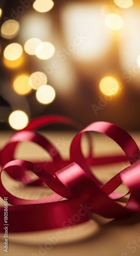 Vivid red satin ribbon curls softly against a background of warm, out-of-focus decorative lights