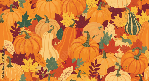 A vibrant seamless pattern of various pumpkins, gourds, and colorful fallen autumn leaves, evoking the rich spirit of the fall season.