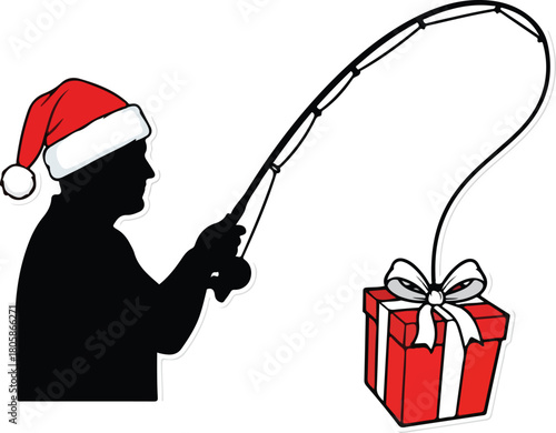 Festive fisherman silhouette wearing santa hat catches a wrapped christmas present with fishing rod, Generative Ai