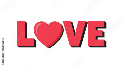 Love text with a bright red heart replacing the 'O' character, featuring a modern 3D shadow design on a clean white background.