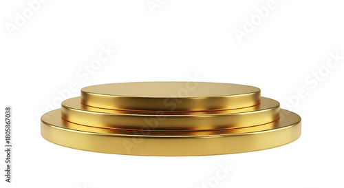 Shiny golden three-tiered circular pedestal podium for product display, awards