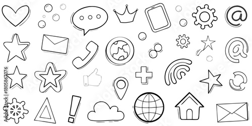 Collection of hand drawn social media and communication icons in a doodle style on white background