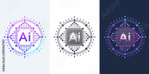 Artificial intelligence chip icon with circuit board connections and digital network elements