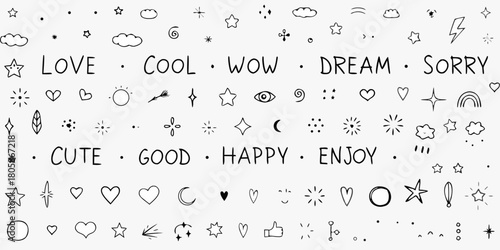 Collection of hand drawn doodle elements including words stars hearts clouds and more