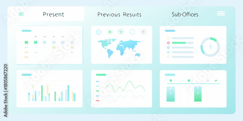 Hand drawn style dashboard with calendar world map bar charts line graphs and circular progress indicators