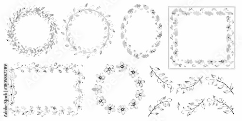 Collection of delicate watercolor floral frames and decorative elements in grayscale tones