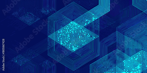 Abstract geometric hexagonal pattern with cyan lines on a dark blue background