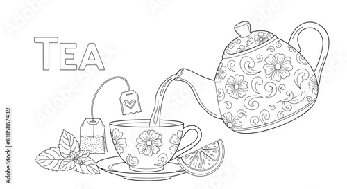 A hand-drawn outline illustration of a tea setting, featuring a decorative teapot pouring into a cup, tea bags, mint, and a lemon slice.