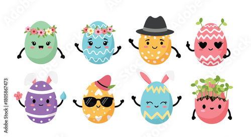 A vibrant collection of cute and whimsical cartoon Easter eggs, adorned with unique patterns, charming expressions, and playful accessories.