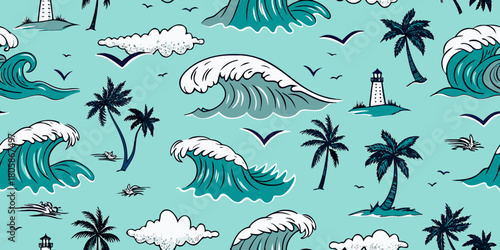 Seamless pattern of ocean waves palm trees lighthouses and seagulls on a light blue background
