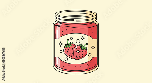 Sweet strawberry jam in a cute glass jar with a decorative label featuring fresh strawberries and sparkling details, isolated on a light cream background.