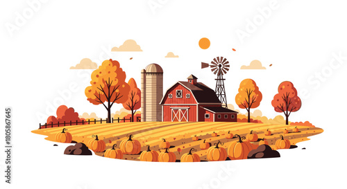 An inviting fall harvest scene at a rural farm, showcasing a classic red barn, silo, and windmill amidst fields of golden pumpkins.