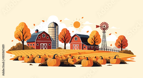 A beautiful autumn farm scene with red barns, a silo, a windmill, trees with golden fall leaves, and a bountiful pumpkin patch.